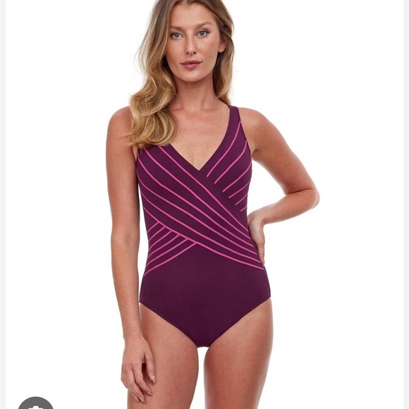 NWT Gottex Embrace V Neck Shaping One Piece Swimsuit Plum color Sizs 10 - Picture 1 of 12